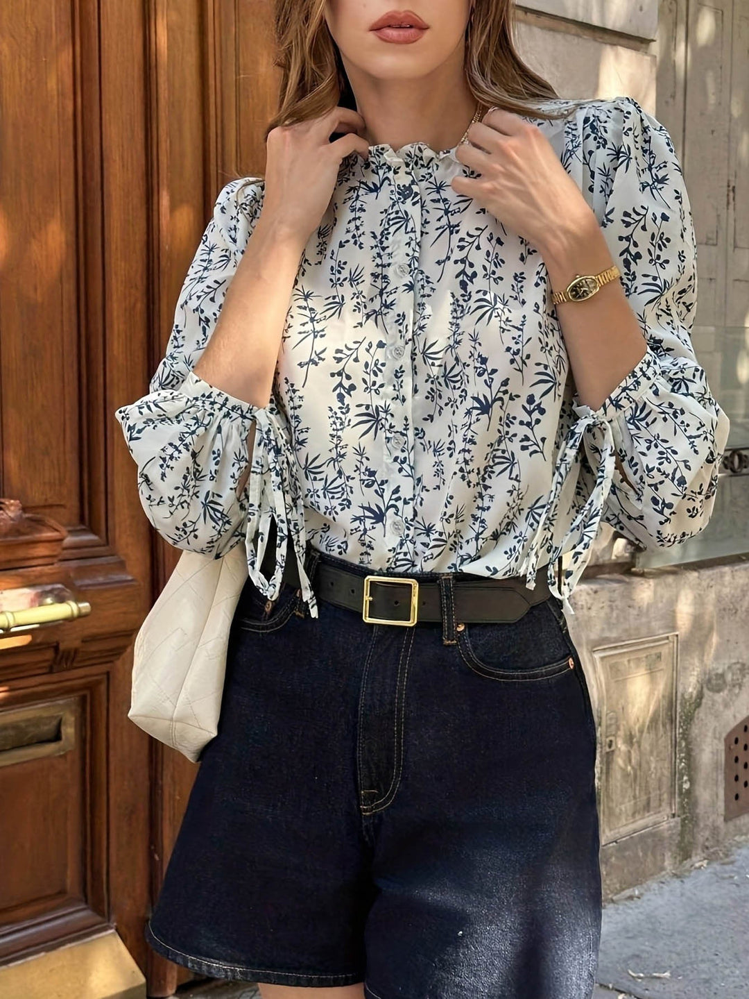 Lace Collar Floral Top Women Point Sleeve Cuff with Strap Gentle Casual Puff Sleeve Top