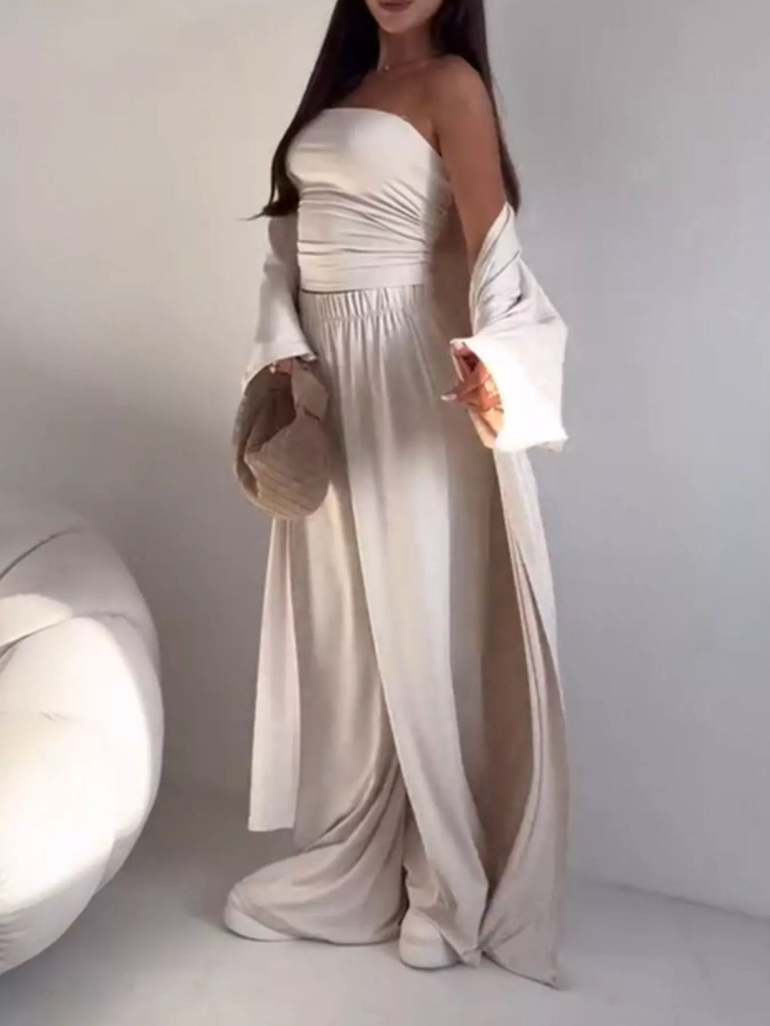 Tube Top & Cardigan & Wide Leg Pants 3-Piece Set