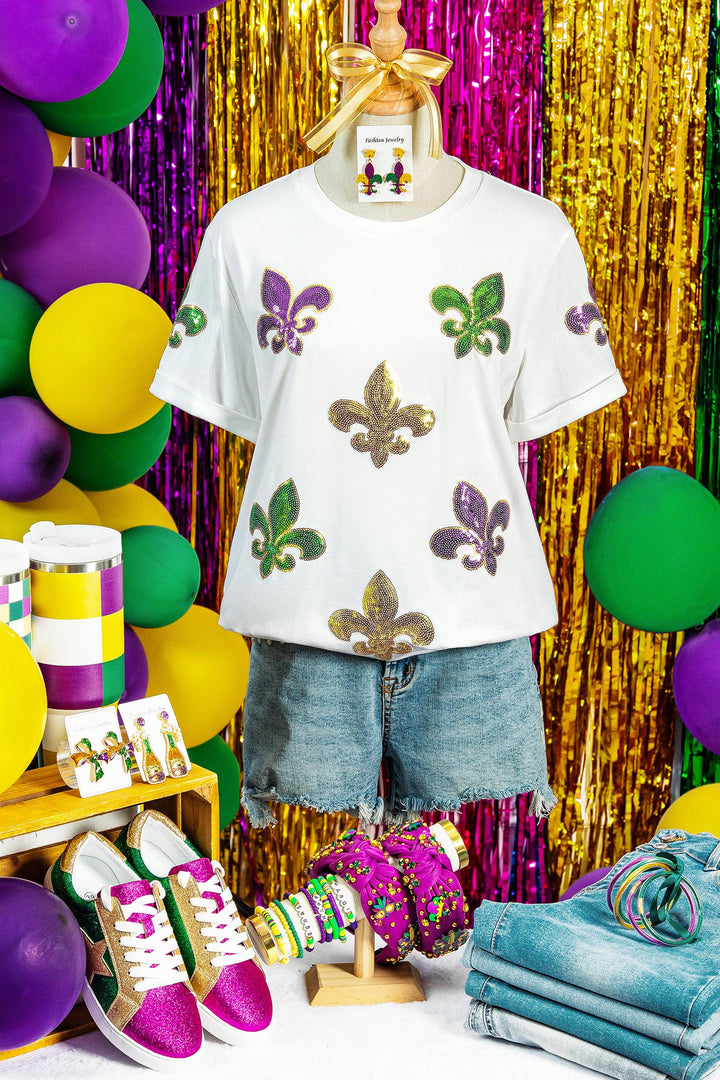 White Mardi Gras Fleur De Lis Sequin Graphic T Shirt
