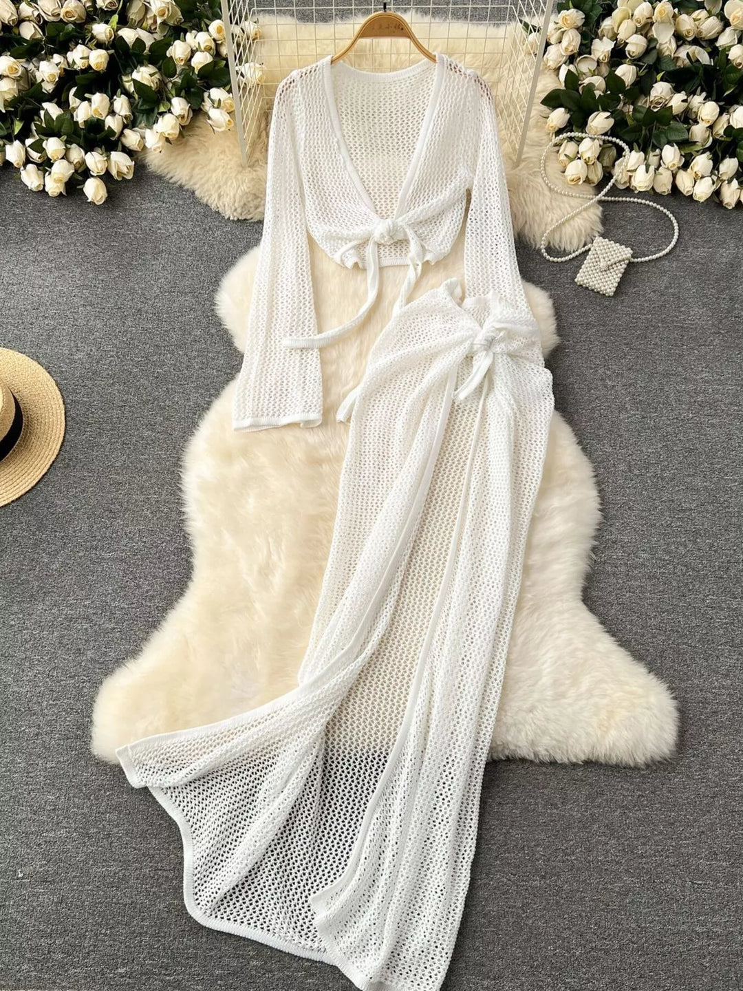 Knitted Crop Top and Slit Skirt Set