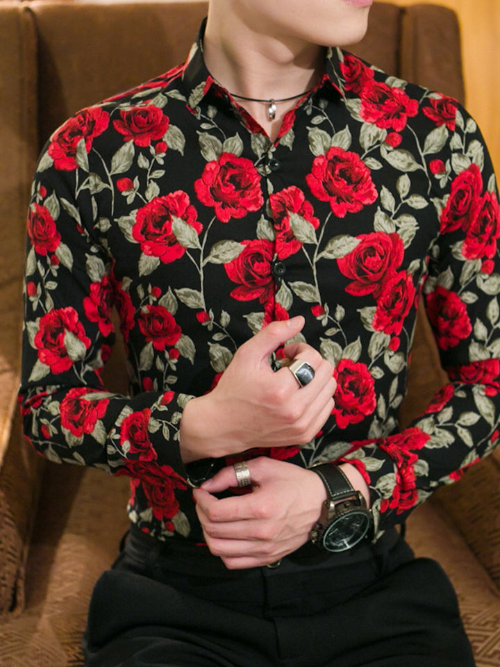 Men's Plus Size Floral Print Slim Fit Long Sleeve Shirt