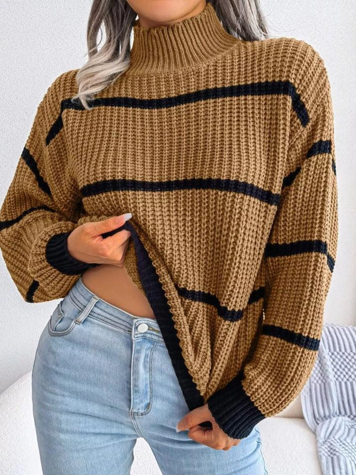 Full Size Striped Mock Neck Knit Sweater Plus Size