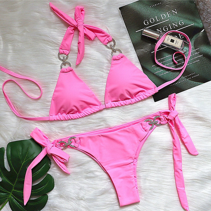 Bikini Bright Crystal Bikini Solid Color Lace-up Swimsuit High-End Sexy Women Bandage Swimsuit