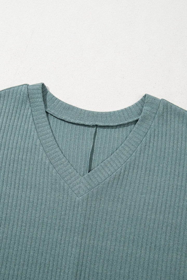 Oversized Ribbed Knit V Neck Dolman Short Sleeve Top