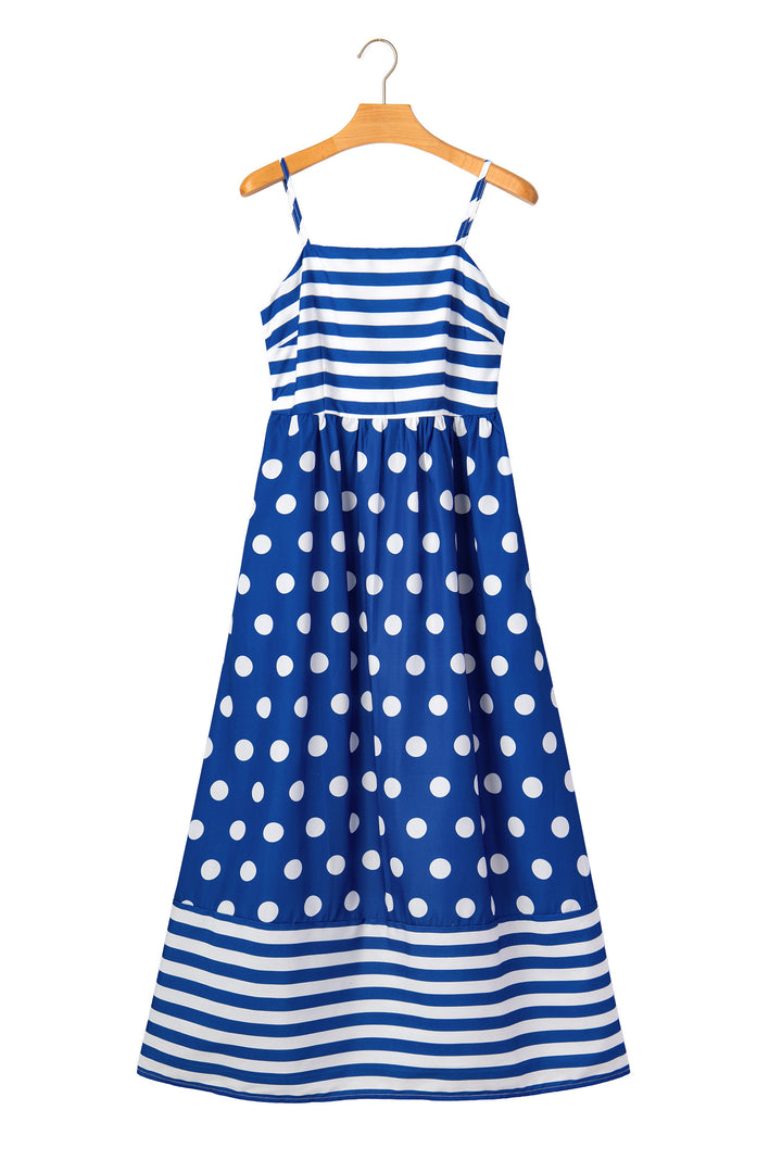 Blue Striped Polka Dot Patchwork High Waist Spaghetti Straps Maxi Dress
