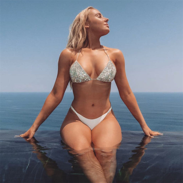 Cross-Mirror Women Clothing Beach Swimsuit Sexy Bikini Low Waist Split Rhinestone Swimsuit