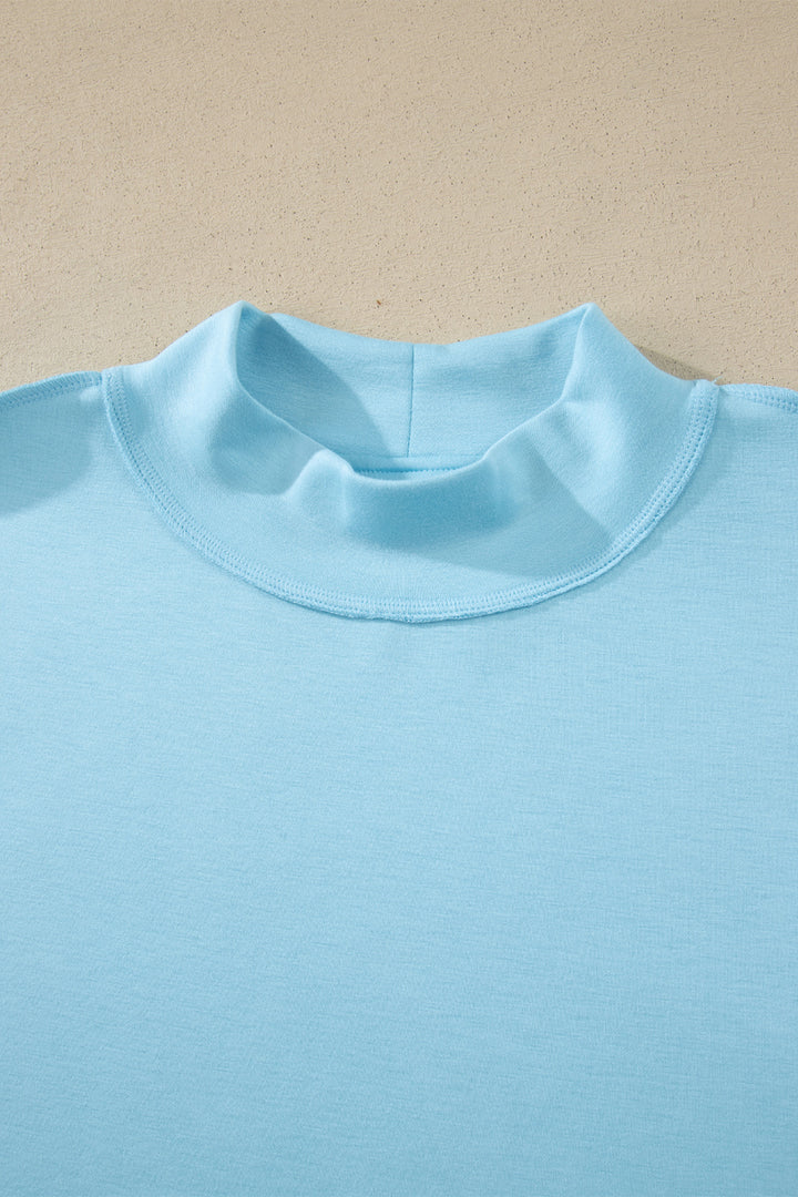 Mist Blue Solid Color Exposed Seam Mock Neck Oversize Tee Casual Shorts 2pcs Outfit