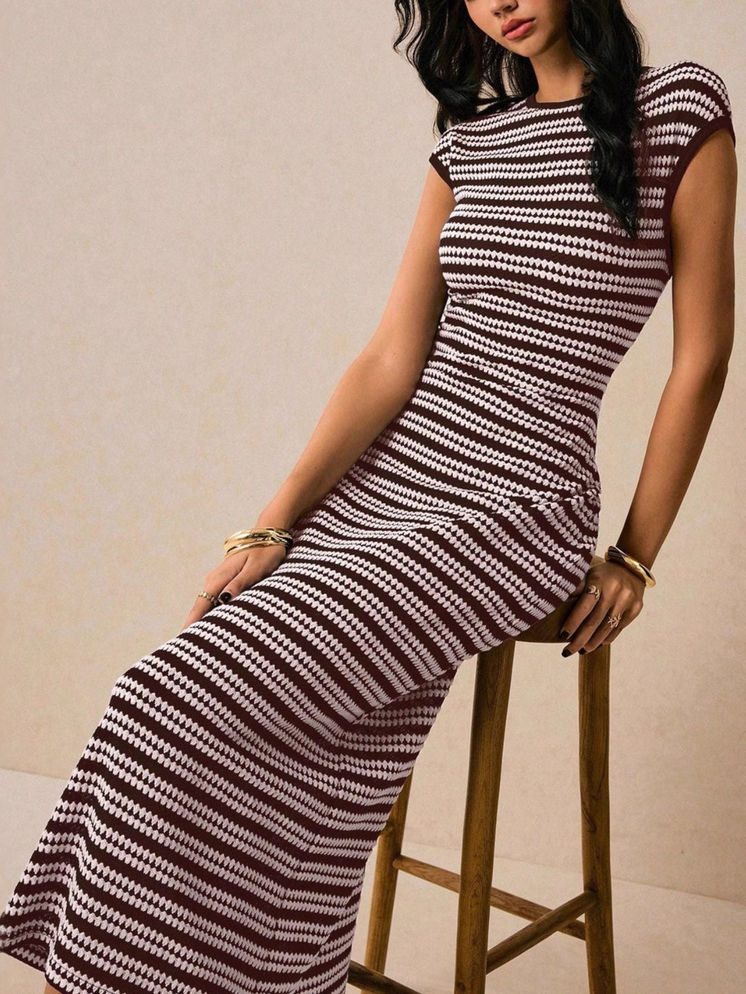 Striped Cap Sleeve Bodycon Midi Dress