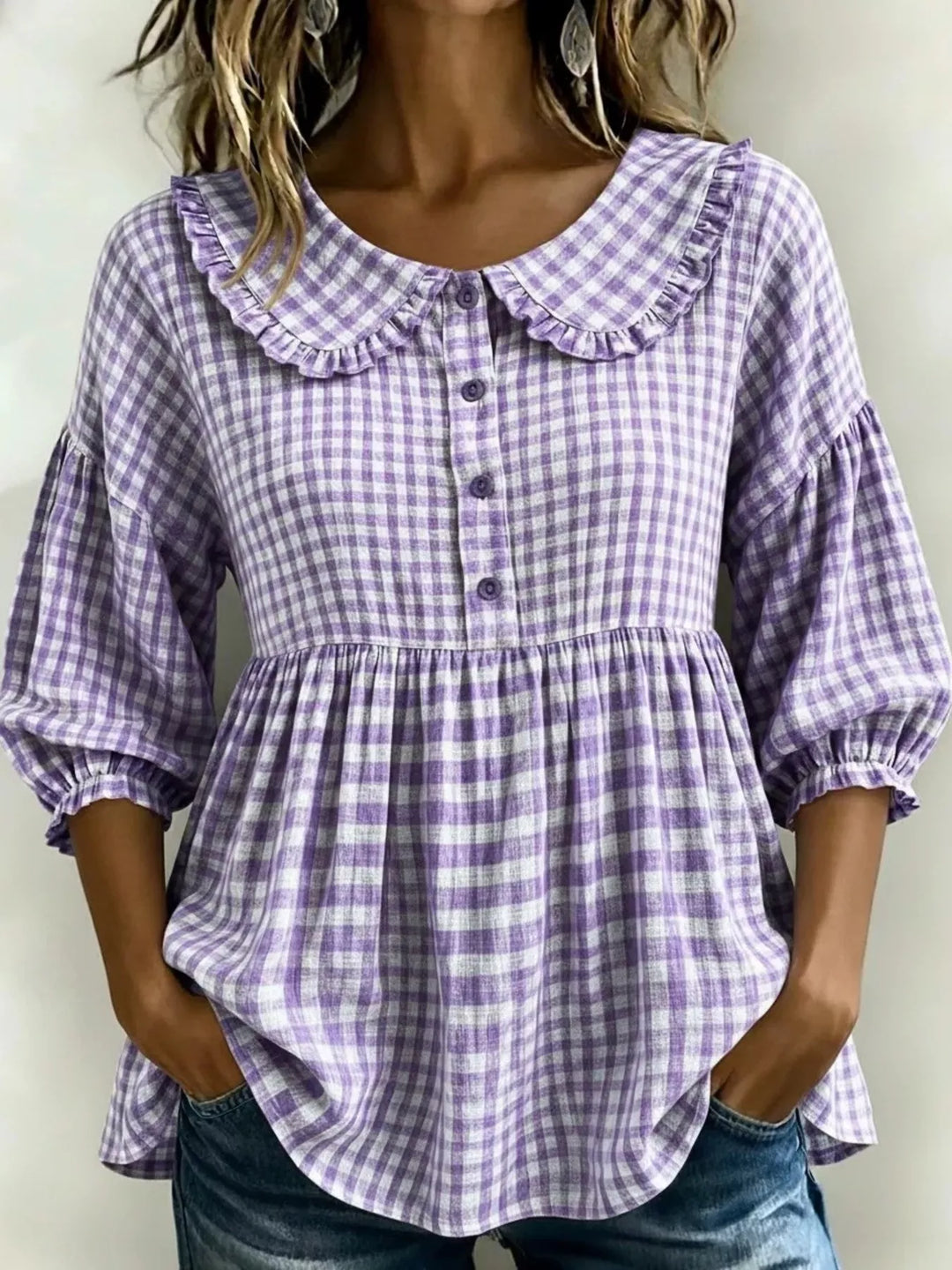 Full Size Gingham Peter Pan Collar Blouse Plus Size