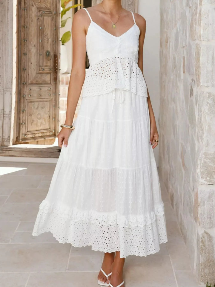 Eyelet V-Neck Cami and Skirt Set