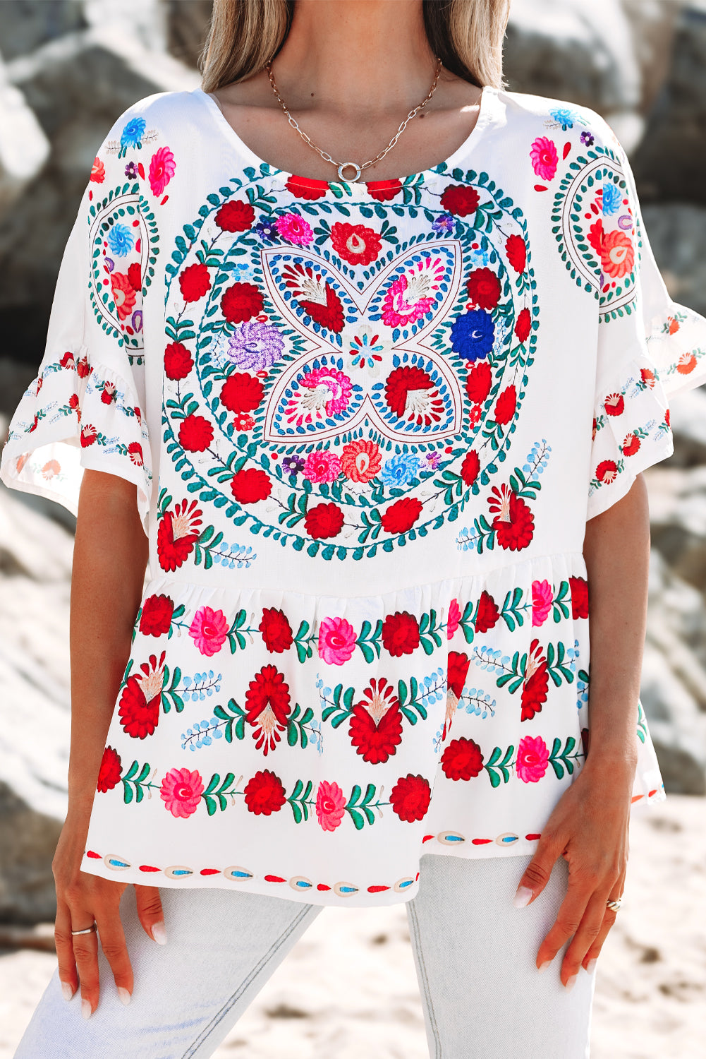 White Boho Floral Print Round Neck Ruffle Trim Blouse