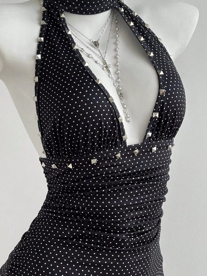 Polka Dot Cutout Front Halter Neck Dress