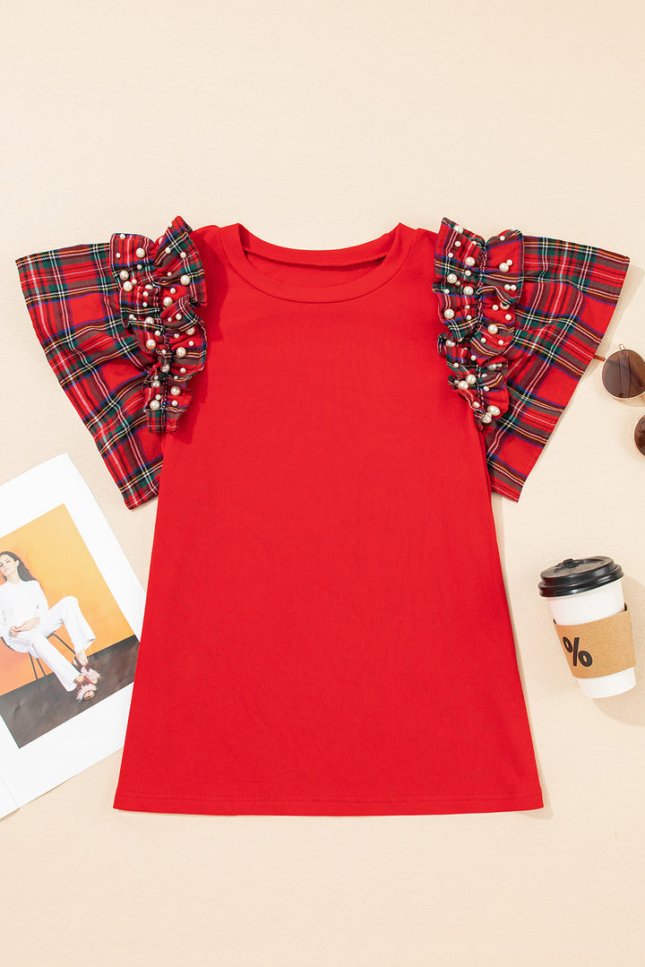 Racing Red Plaid Pearl Ruffle Short Sleeve Loose T Shirt