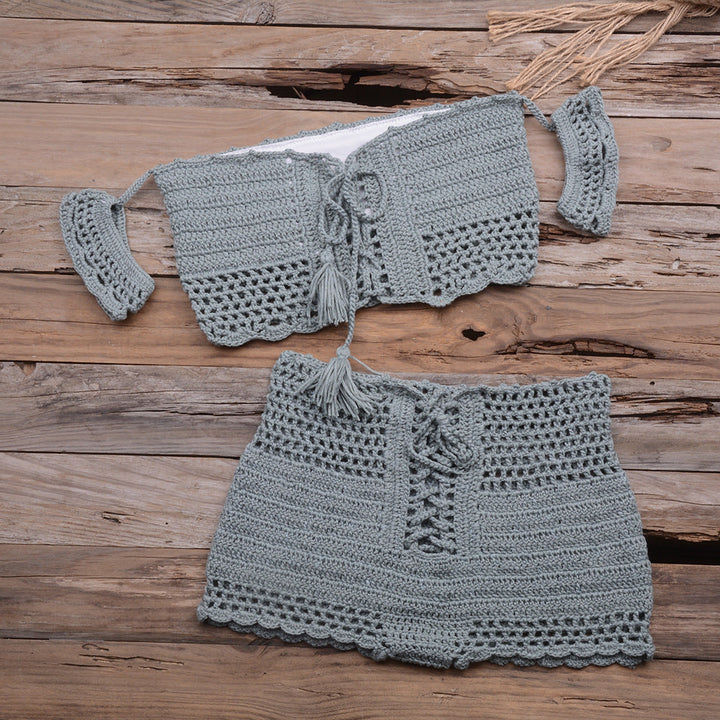 Sexy Strap Hand Crocheting Woven Hollowed Bikini Split Swimsuit