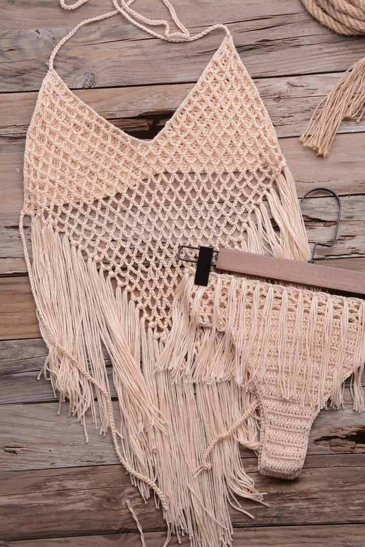 Internet Hand Woven Beach Hollow Out Cutout Tassel Split Swimsuit Set Factory Direct
