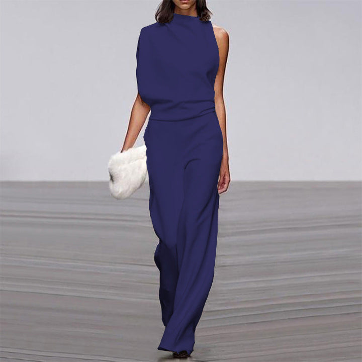 Women Pants Solid Color One Shoulder Pile Collar Jumpsuit Popular Dress Trousers