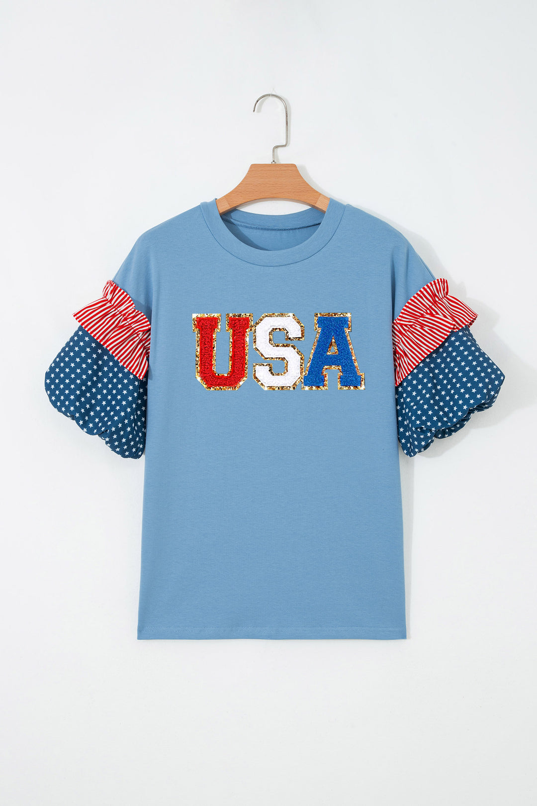 Beau Blue USA Chenille Lettering Stars and Stripes Patchwork Sleeve Top