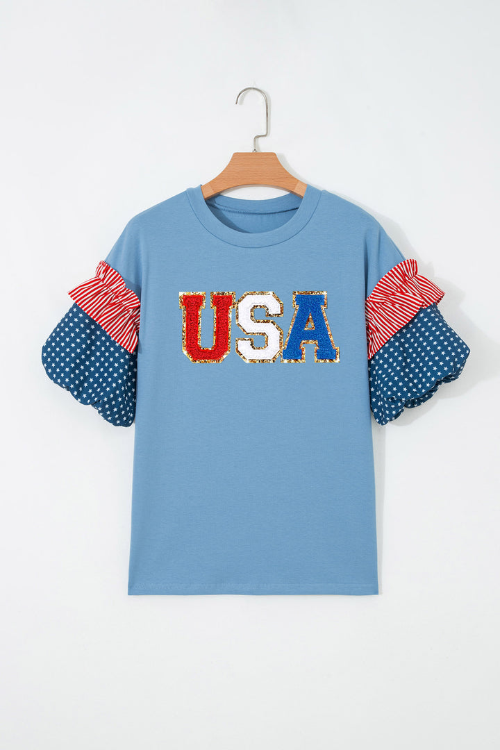 Beau Blue USA Chenille Lettering Stars and Stripes Patchwork Sleeve Top