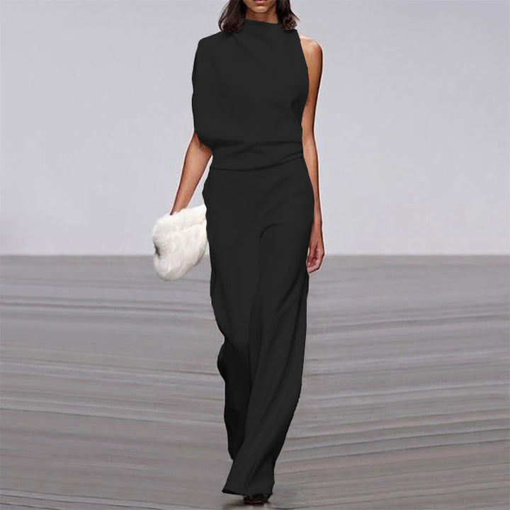 Women Pants Solid Color One Shoulder Pile Collar Jumpsuit Popular Dress Trousers