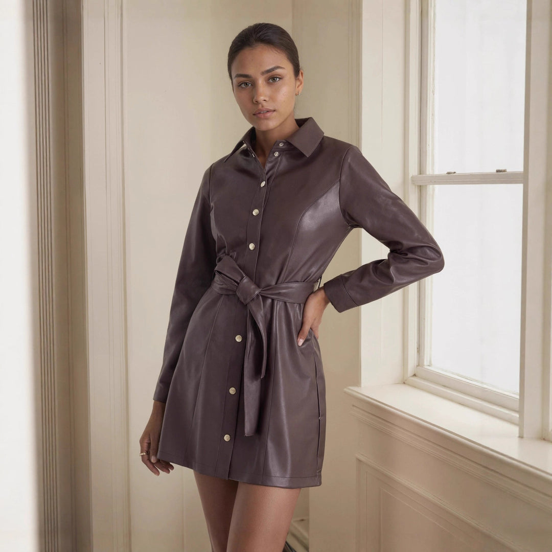 Belted Long-sleeve Leather Trench Fashionable Women's Coat