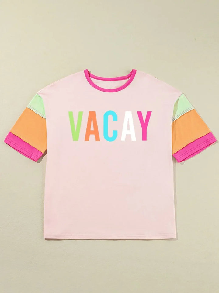 Letter Graphic Color Block Round Neck Half Sleeve T-Shirt