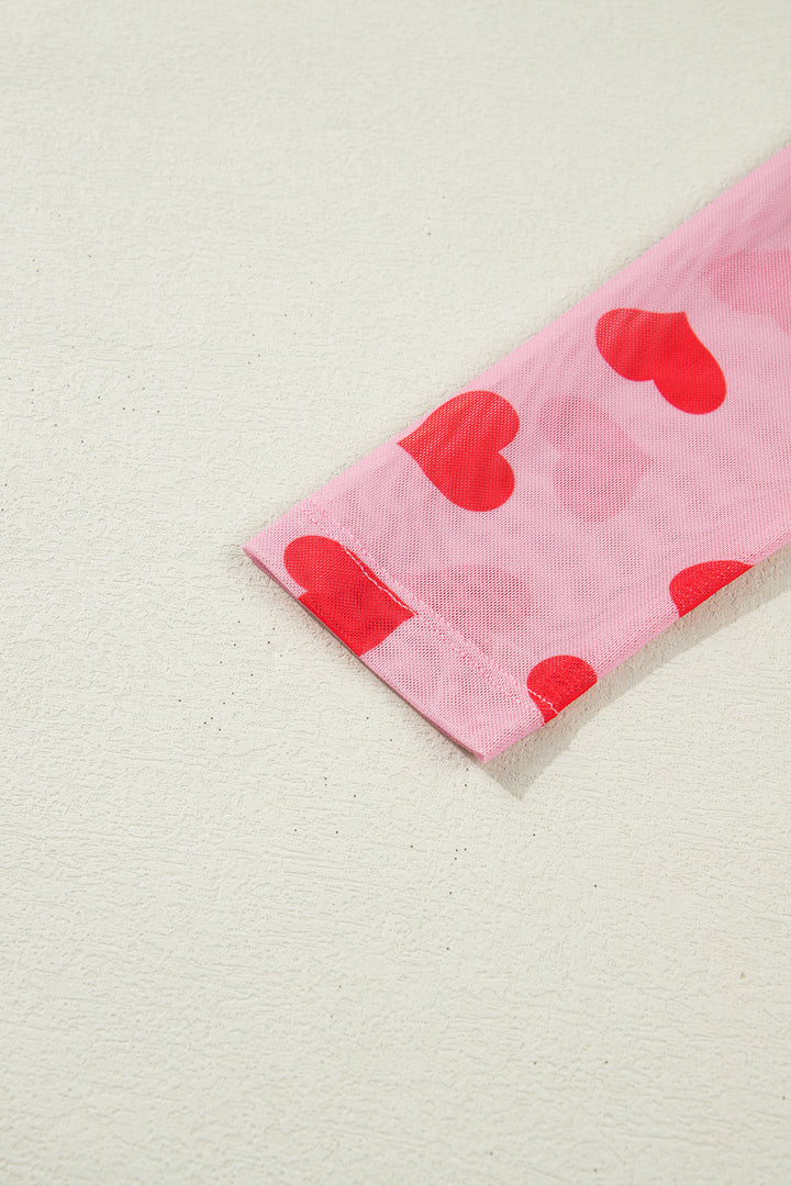 Pink Valentines Heart Printed Sheer Mesh Long Sleeve Top