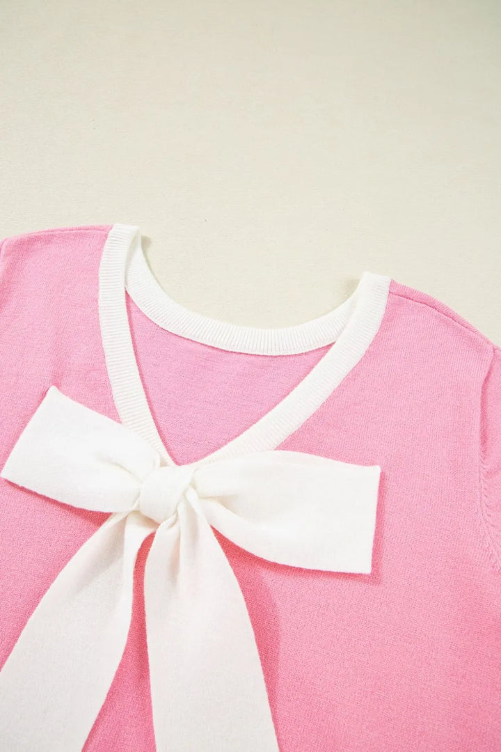 Bow Back Round Neck Short Sleeve Knit Top