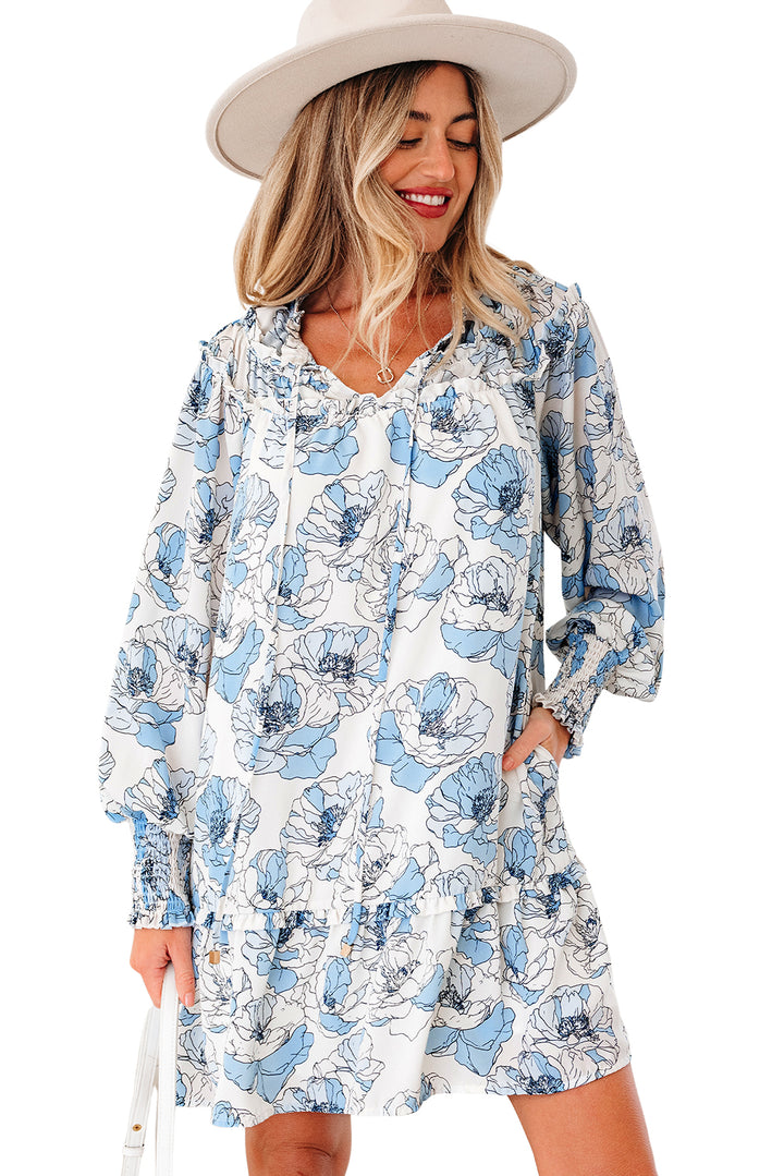 Sky Blue Floral Print Tie Neck Long Sleeve Flowy Mini Dress