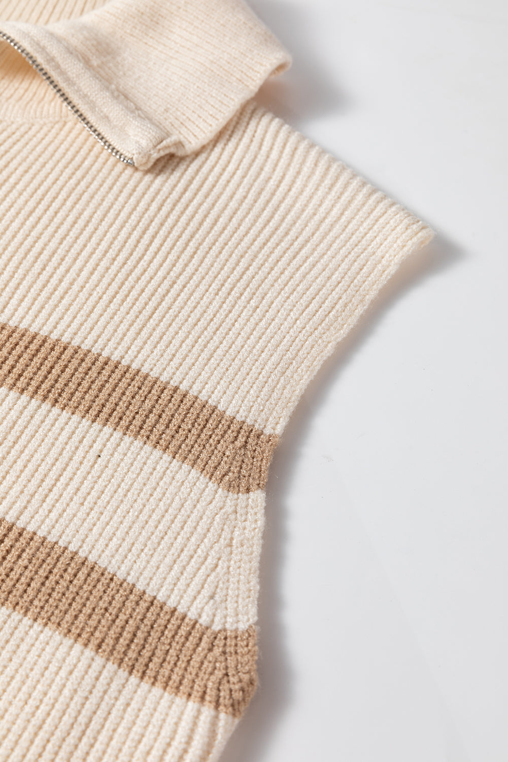 Khaki Stripe Ribbed Half Zip Collared Sweater Vest