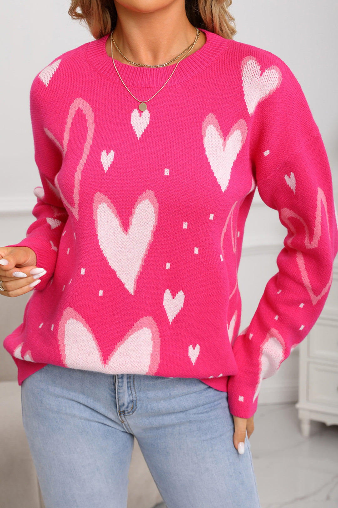 Rose Red Splendid Heart Print Valentines Day Sweater