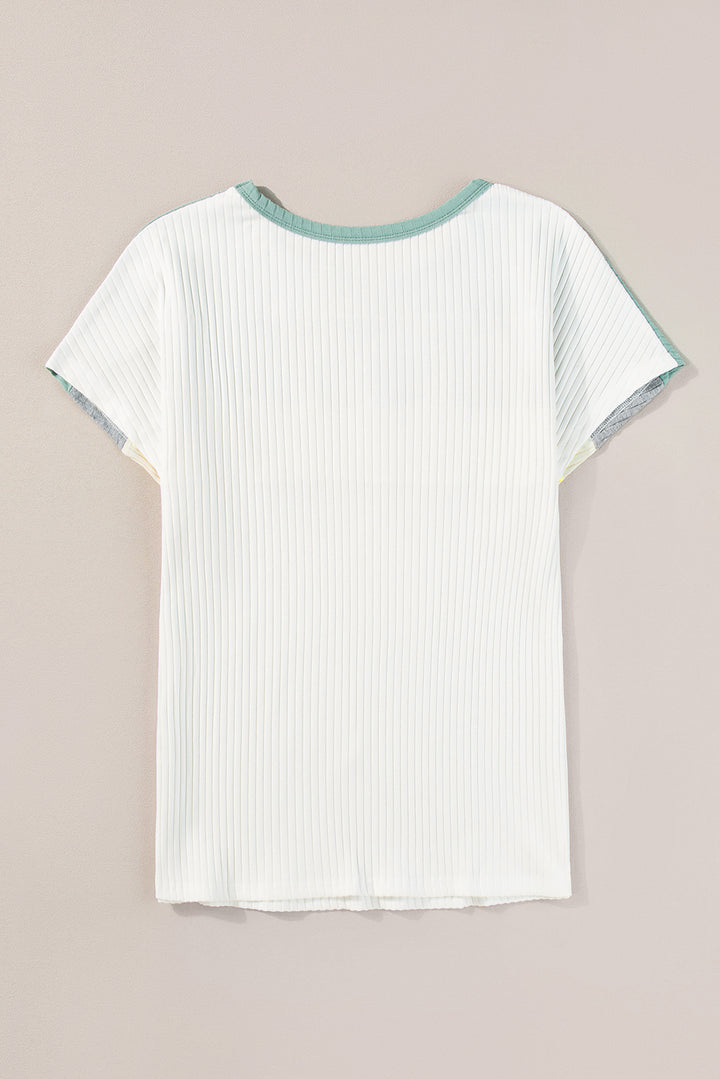 Moonlight Jade Ribbed Color Block Patchwork T-shirt