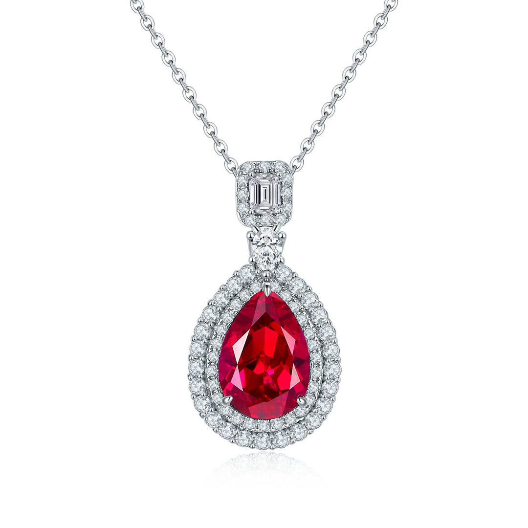 S925 Sterling Silver Lab-Grown Ruby Emerald Necklace, 13x9mm Pear Double Halo Pendant, Platinum Plated 40&45cm Chain, 5.8g Women's Gift Box