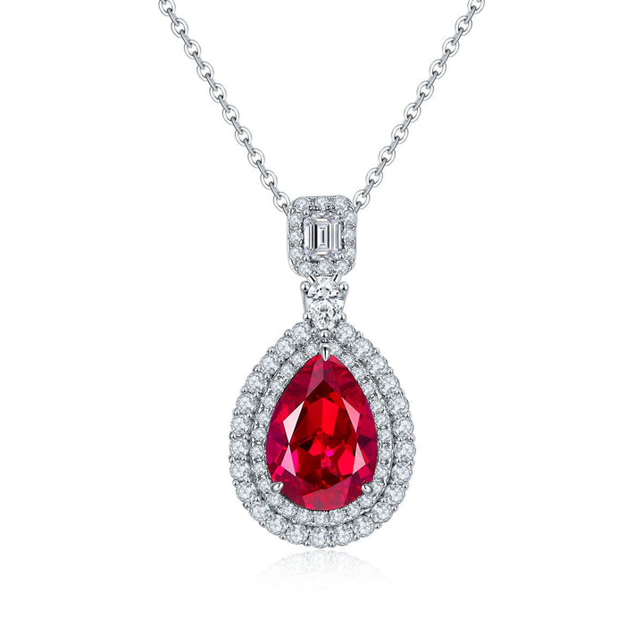 S925 Sterling Silver Lab-Grown Ruby Emerald Necklace, 13x9mm Pear Double Halo Pendant, Platinum Plated 40&45cm Chain, 5.8g Women's Gift Box
