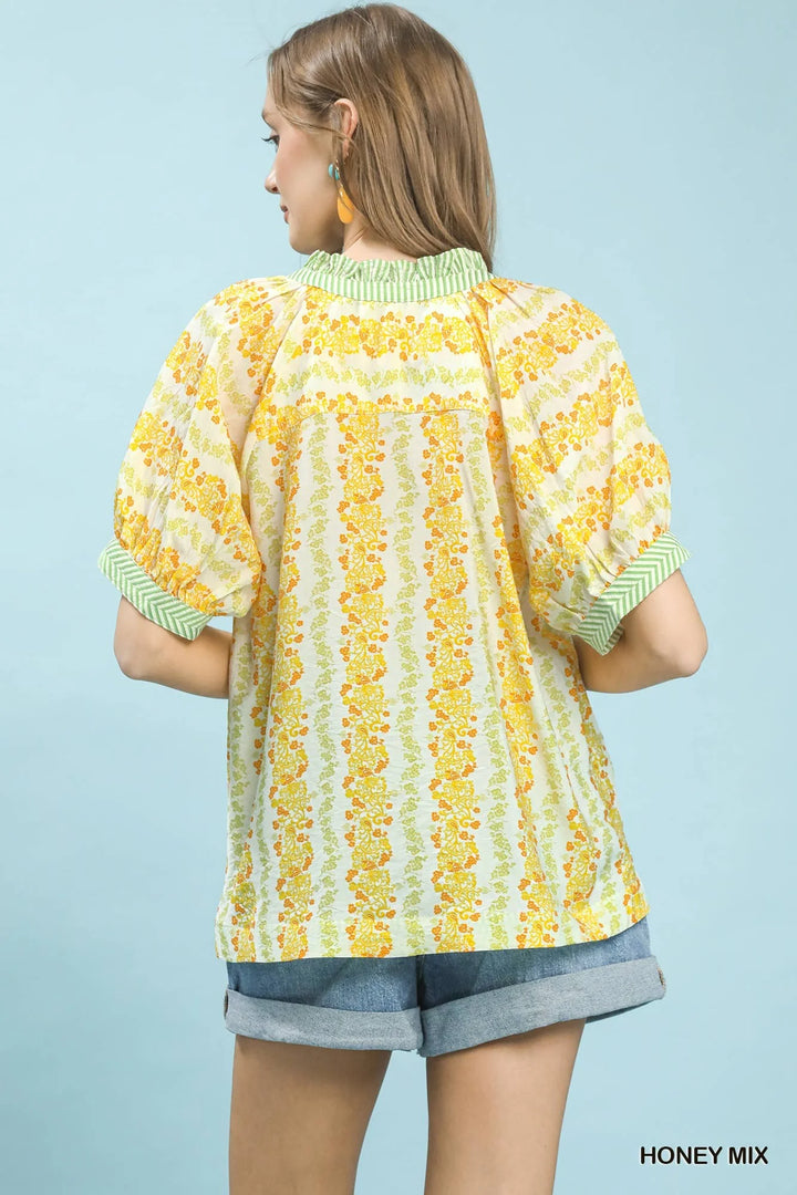 Mix Print Boho Blouse with Contrast Trim