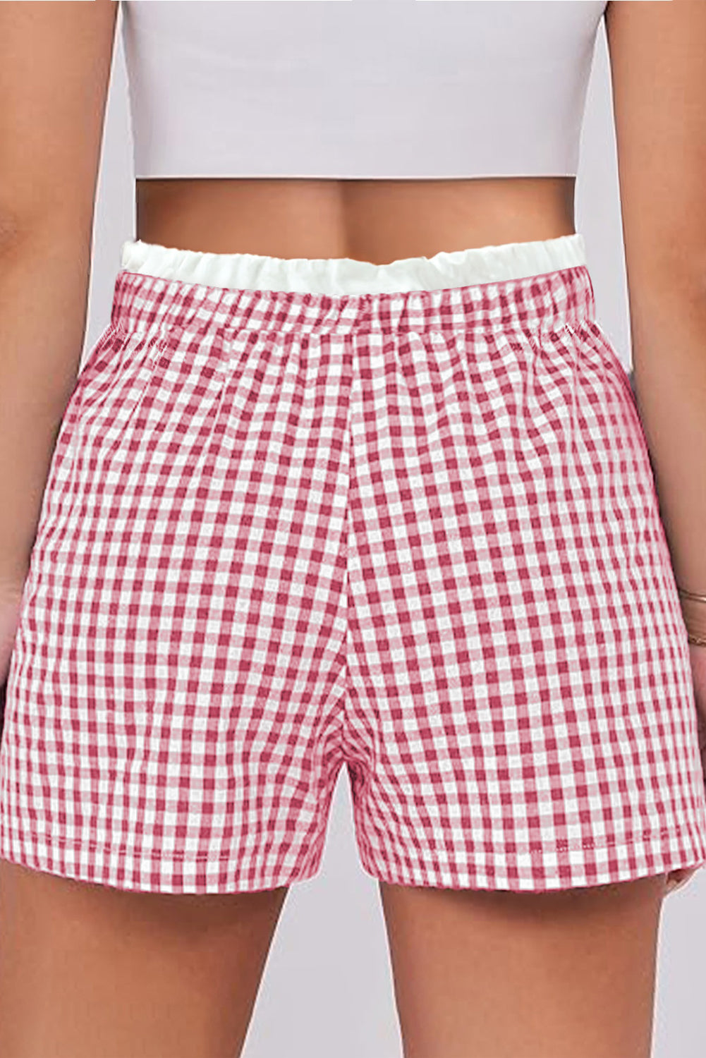 Pink Contrast Trim Plaid Print Plus Size Shorts