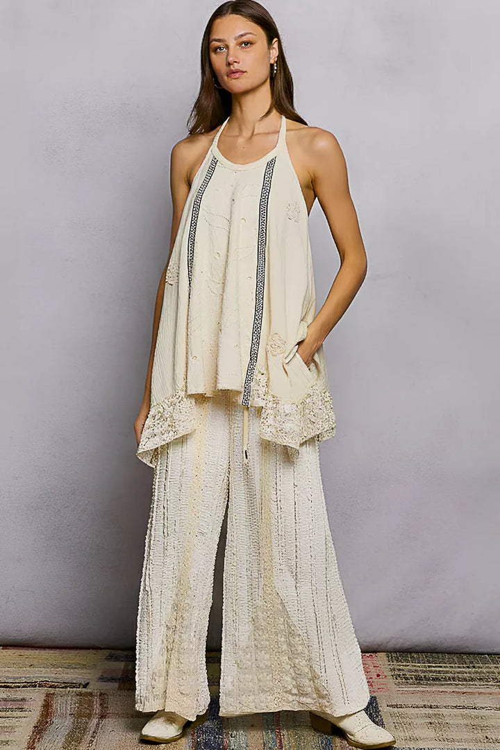 POL Lace Ruffle Halter Neck Double Gauze Top with Crochet Patch