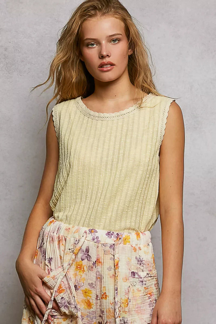POL Ribbed Round Neck Tank with Lace Trim