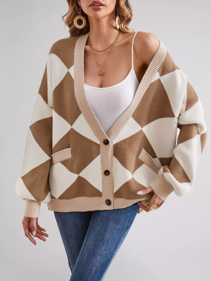 Diamond Pattern Button-Up Knit Cardigan