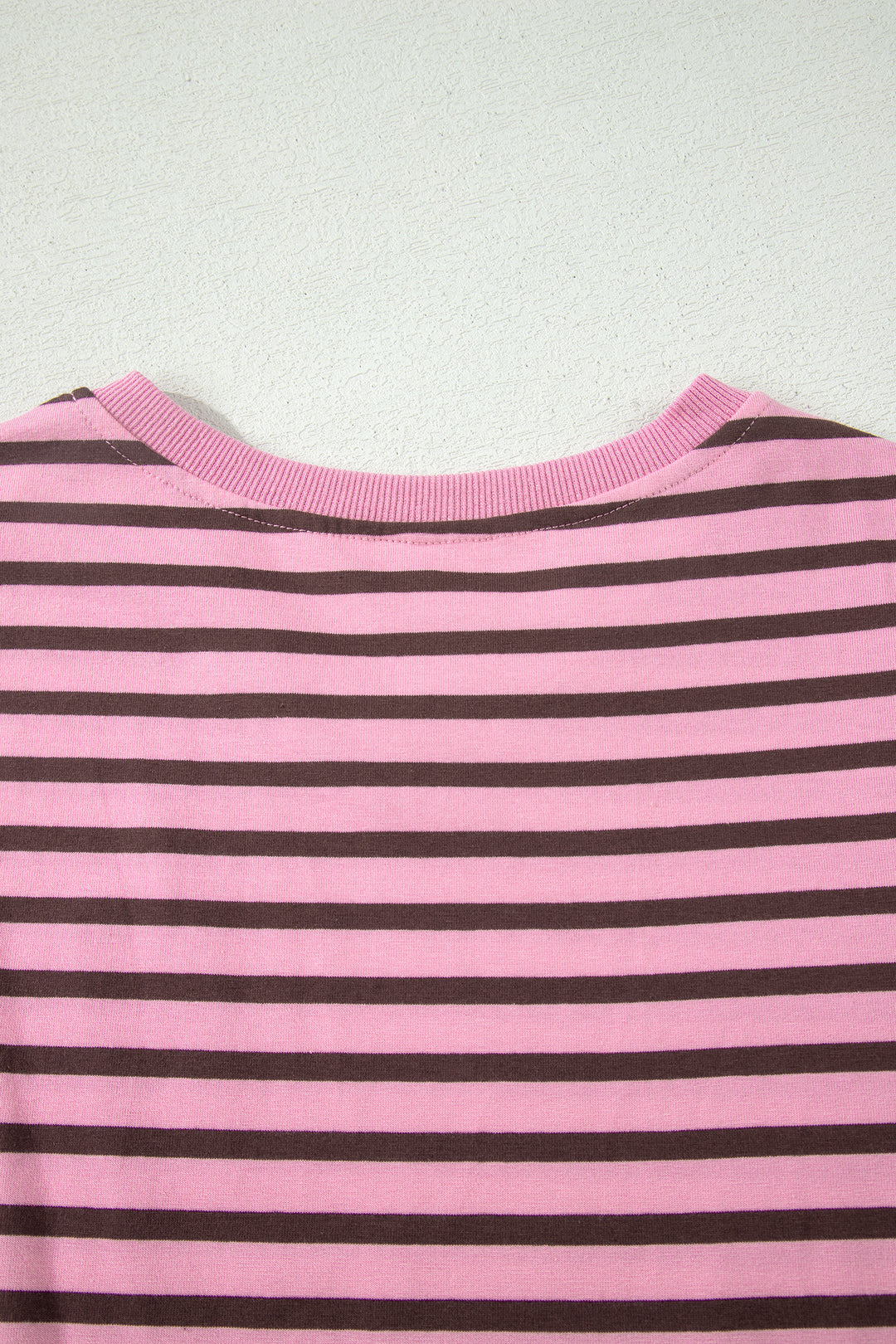 Rose Stripe Striped V-Neck Ribbed Collar Cuff Gathering Puff Sleeve Top