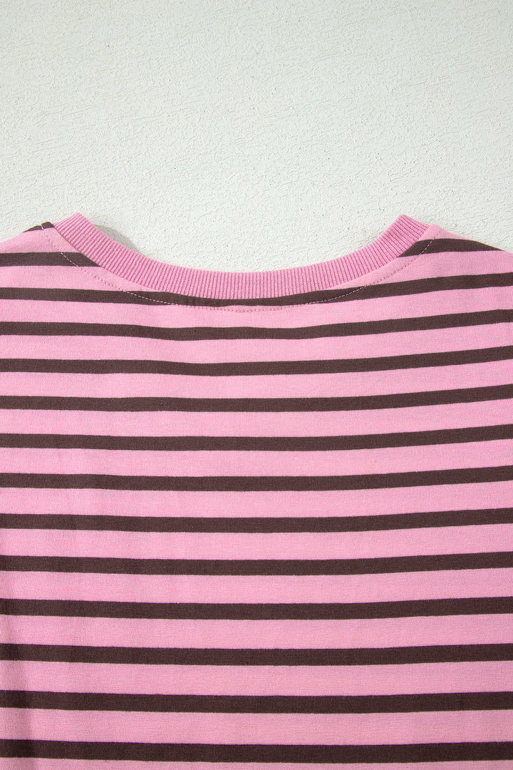 Rose Stripe Striped V-Neck Ribbed Collar Cuff Gathering Puff Sleeve Top