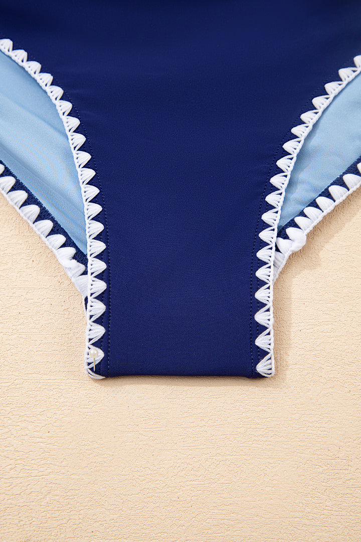 Beau Blue Ric Rac 飾邊撞色拼布鏤空連身泳衣