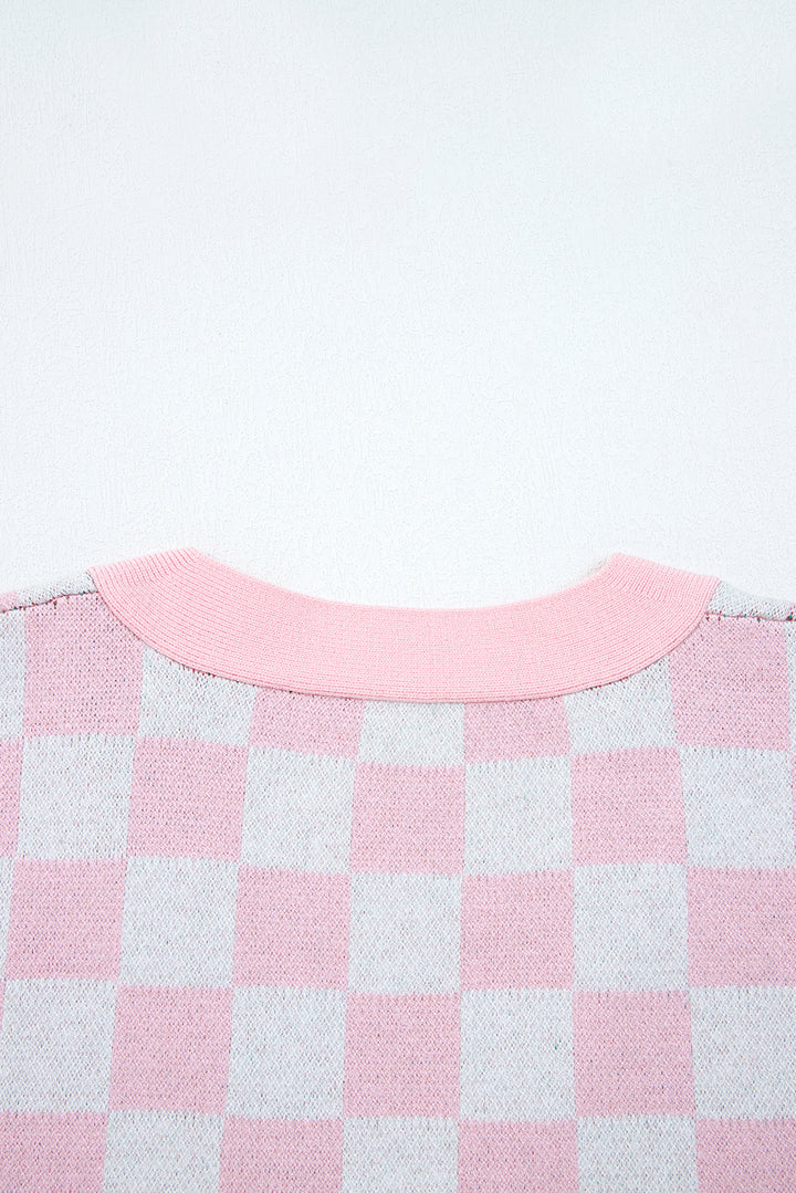 Pink Checkered Christmas Tree Pattern Button V Neck Cardigan Sweater