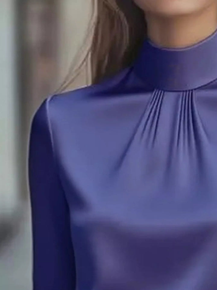 Mock Neck Long Sleeve Blouse with Pleated Detail