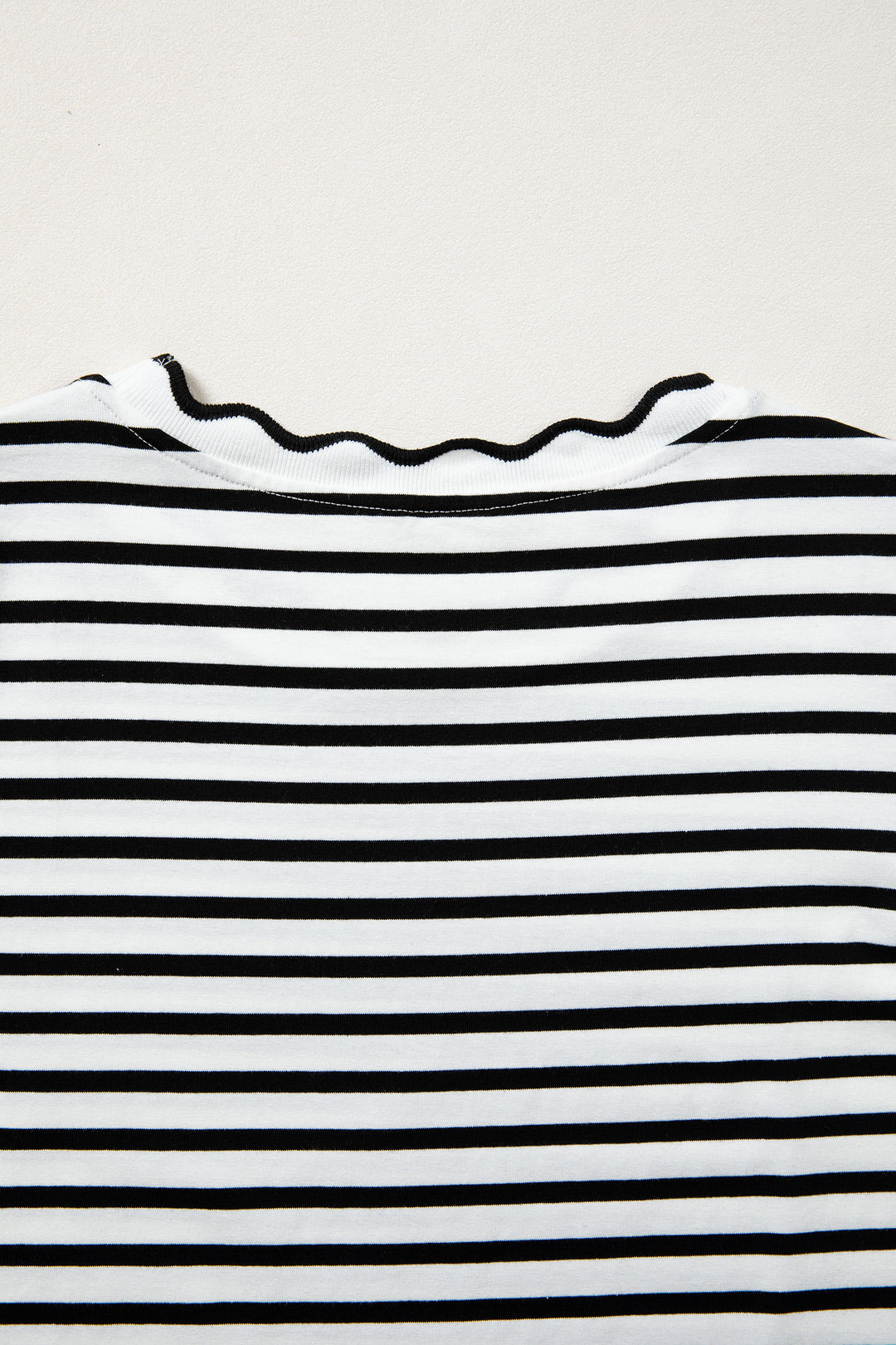 Black Stripe Scalloped Trim Round Neck T Shirt