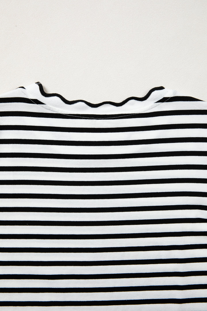 Black Stripe Scalloped Trim Round Neck T Shirt