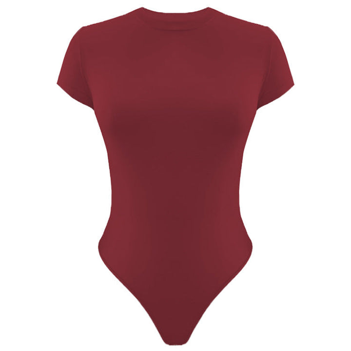 Solid Color Bottoming WomenClothing Basic Casual Short Sleeve round Neck Tight Bodysuit Summer