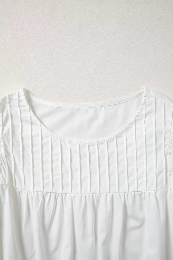 Lace Detail Flutter Sleeve Pleated Round Neck Blouse