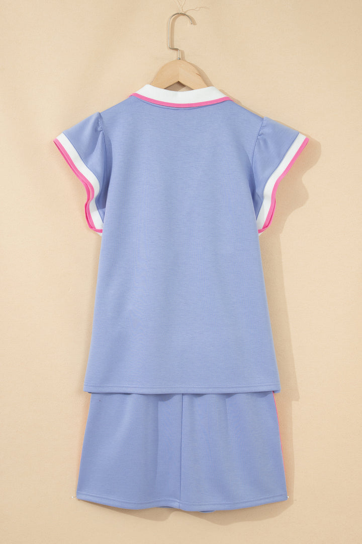 Sky Blue Preppy Striped Trim V Neck Polo Tee Drawstring Skirt Set