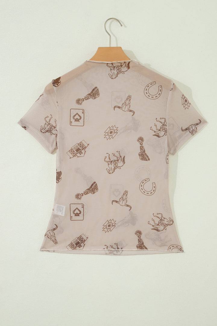 Oatmeal Western Printed Mesh Short Sleeve Top