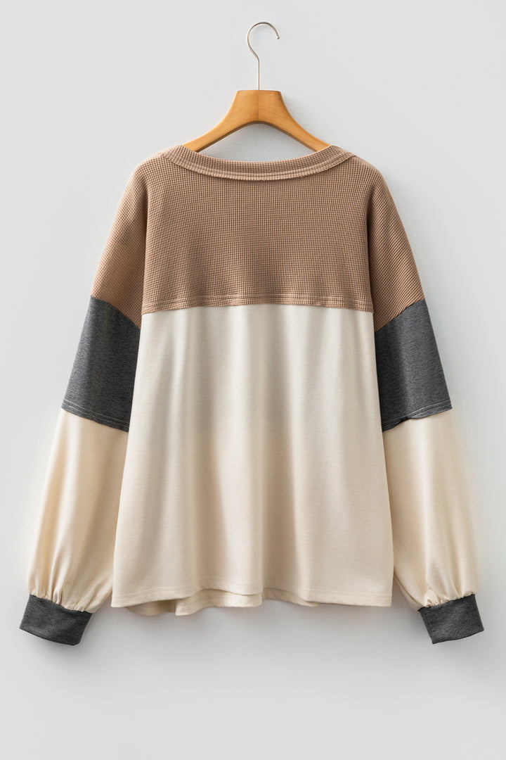 Jet Stream Waffle Patchwork Colorblock Half Buttons Casual Plus Size Knit Jumper